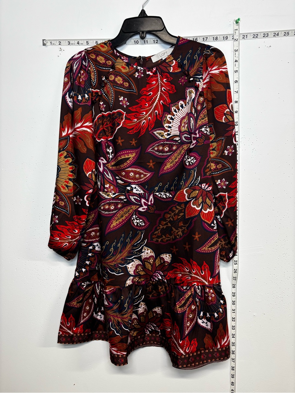 LOFT Burgundy Multi Paisley Long-Sleeve Ruffle Dress